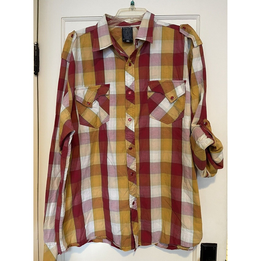 Green Tek NY Men's Premium Snap Long‎ Sleeve Shirt SZ 2XL Orange & Red Plaid